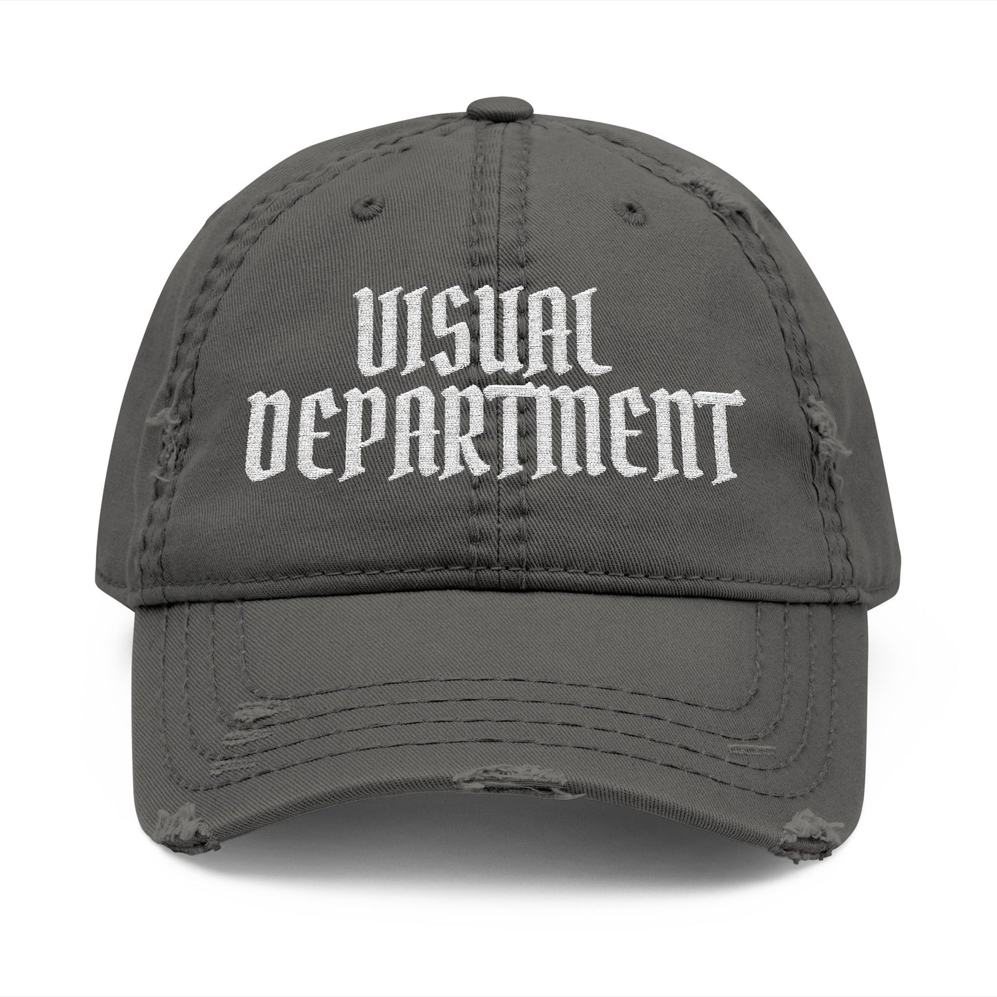 Visual Department Distressed Embroidered Dad Hat — Vintage Gothic Logo Cap