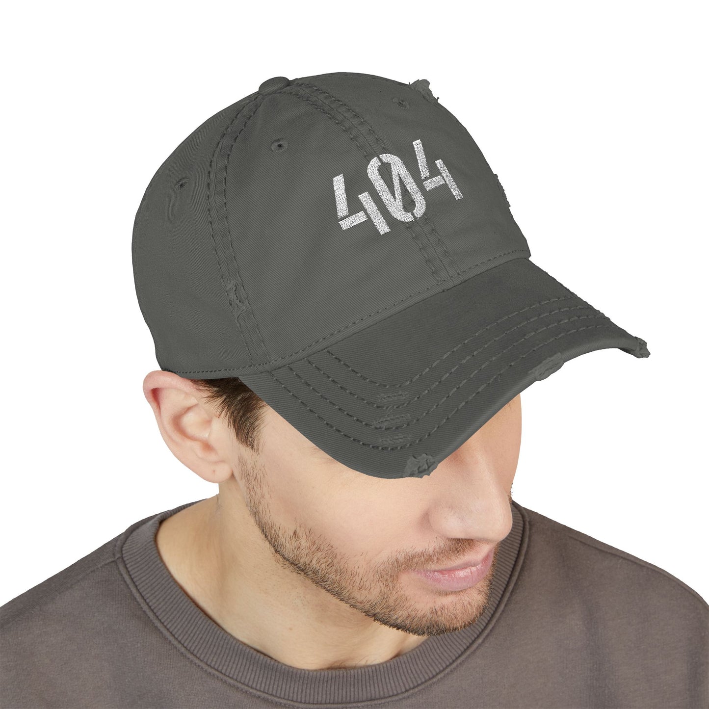 404 Distressed Embroidered Dad Hat — Vintage Gothic Logo Cap