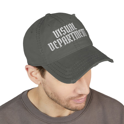 Visual Department Distressed Embroidered Dad Hat — Vintage Gothic Logo Cap